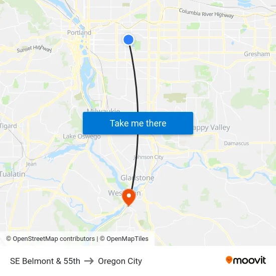 SE Belmont & 55th to Oregon City map