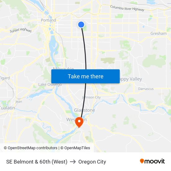 SE Belmont & 60th (West) to Oregon City map