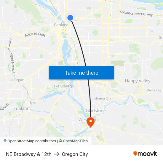 NE Broadway & 12th to Oregon City map