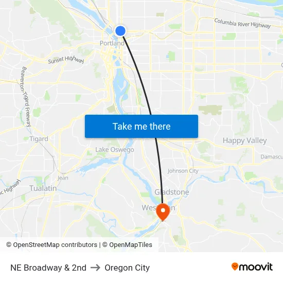 NE Broadway & 2nd to Oregon City map