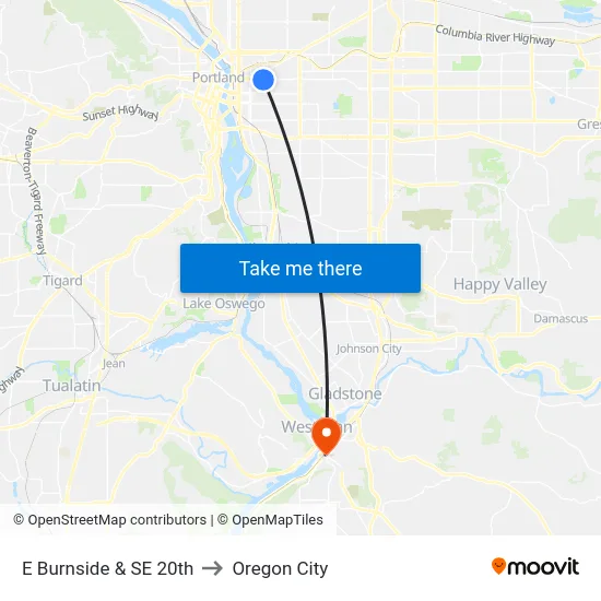 E Burnside & SE 20th to Oregon City map