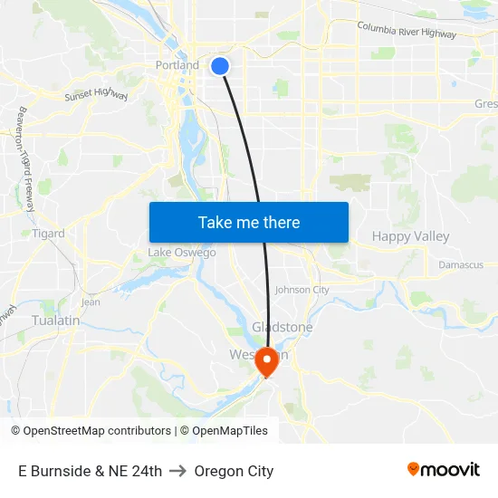 E Burnside & NE 24th to Oregon City map