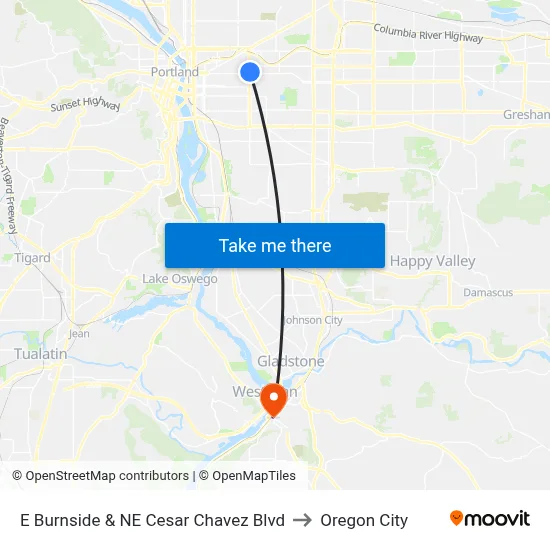 E Burnside & NE Cesar Chavez Blvd to Oregon City map