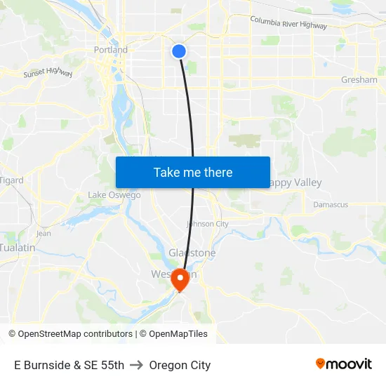 E Burnside & SE 55th to Oregon City map