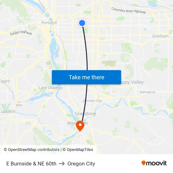 E Burnside & NE 60th to Oregon City map