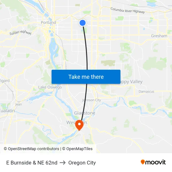 E Burnside & NE 62nd to Oregon City map