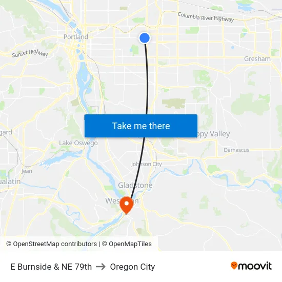 E Burnside & NE 79th to Oregon City map