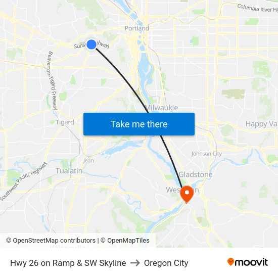 Hwy 26 on Ramp & SW Skyline to Oregon City map