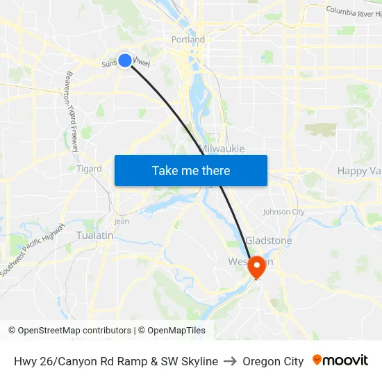 Hwy 26/Canyon Rd Ramp & SW Skyline to Oregon City map