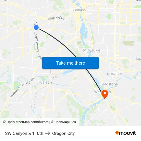 SW Canyon & 110th to Oregon City map