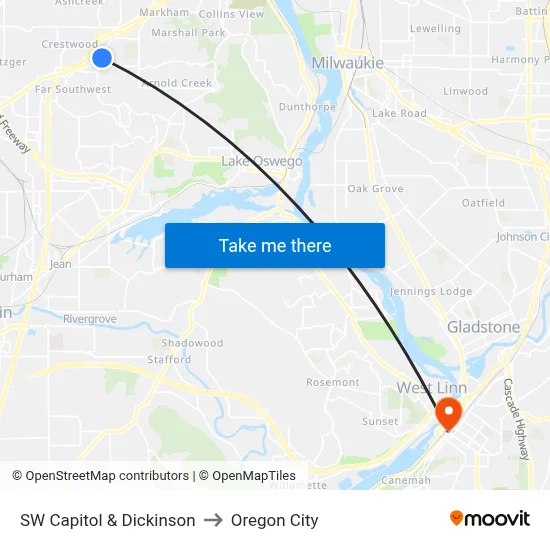 SW Capitol & Dickinson to Oregon City map