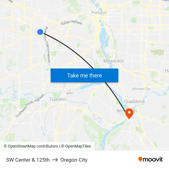 SW Center & 125th to Oregon City map