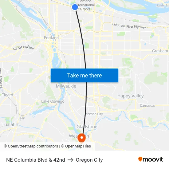 NE Columbia Blvd & 42nd to Oregon City map