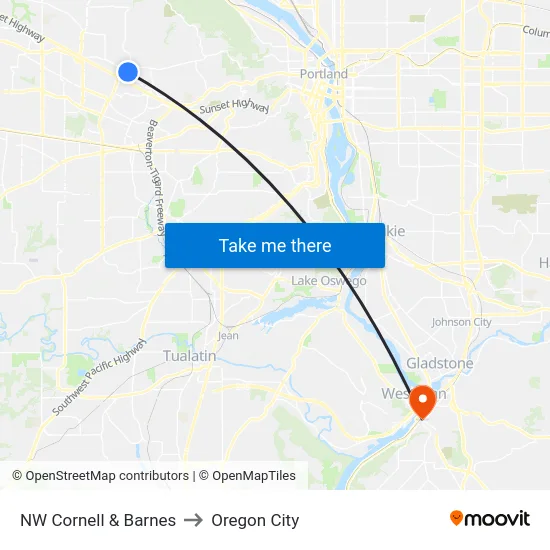 NW Cornell & Barnes to Oregon City map