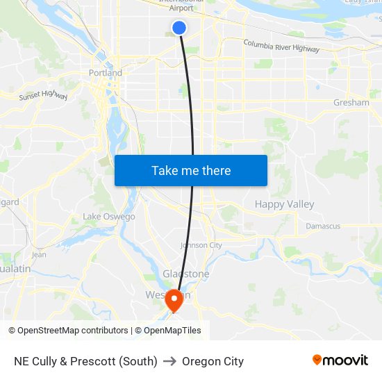 NE Cully & Prescott (South) to Oregon City map