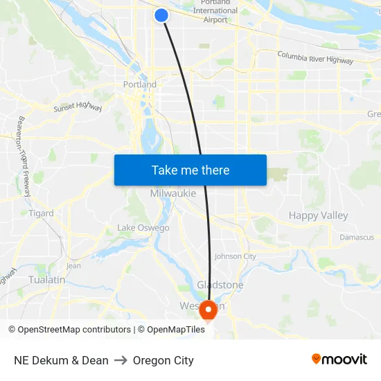 NE Dekum & Dean to Oregon City map