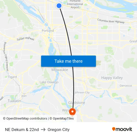 NE Dekum & 22nd to Oregon City map