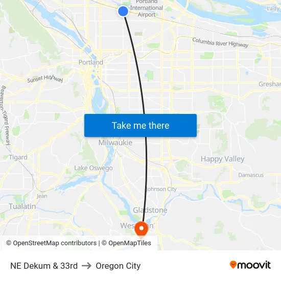 NE Dekum & 33rd to Oregon City map