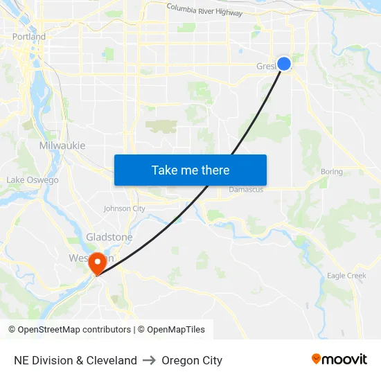 NE Division & Cleveland to Oregon City map