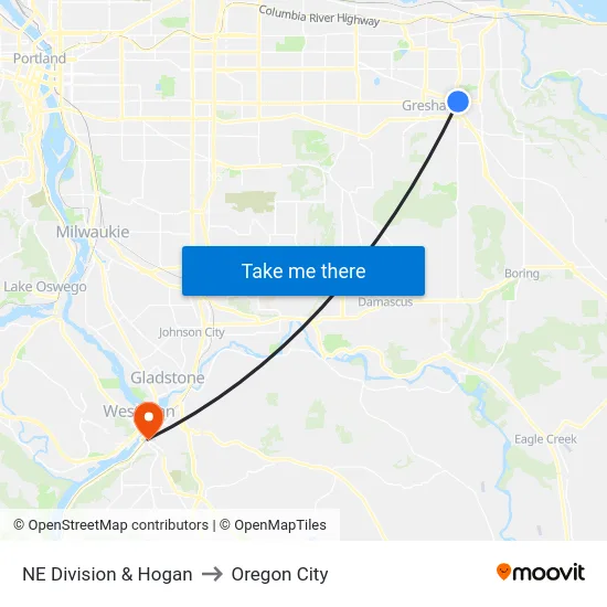 NE Division & Hogan to Oregon City map