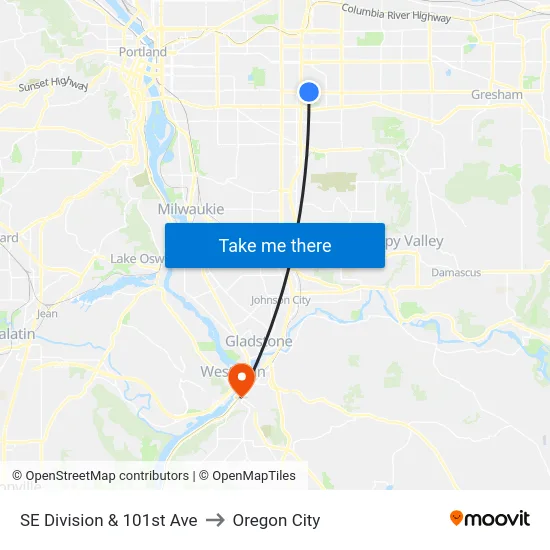 SE Division & 101st Ave to Oregon City map
