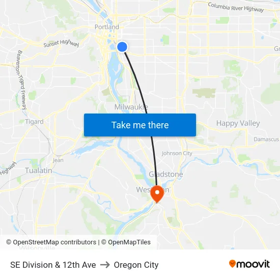 SE Division & 12th Ave to Oregon City map