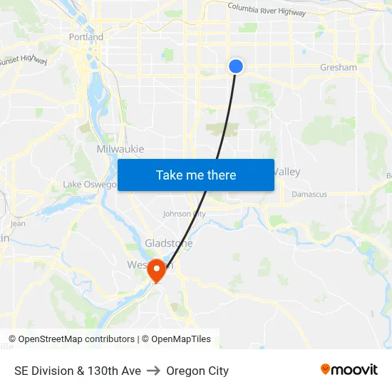 SE Division & 130th Ave to Oregon City map