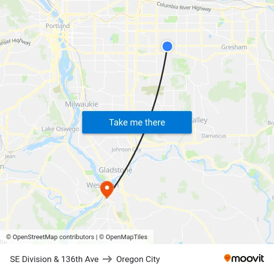 SE Division & 136th Ave to Oregon City map