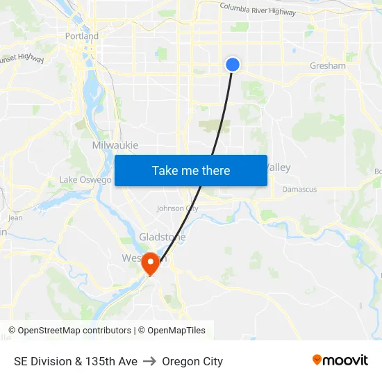 SE Division & 135th Ave to Oregon City map