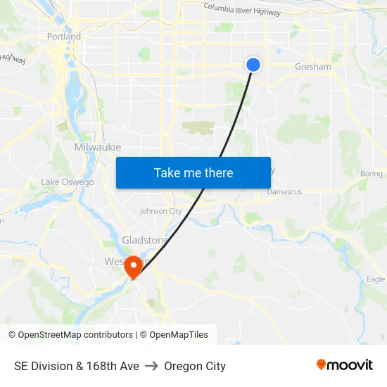 SE Division & 168th Ave to Oregon City map