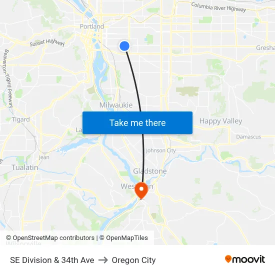 SE Division & 34th Ave to Oregon City map