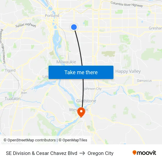 SE Division & Cesar Chavez Blvd to Oregon City map