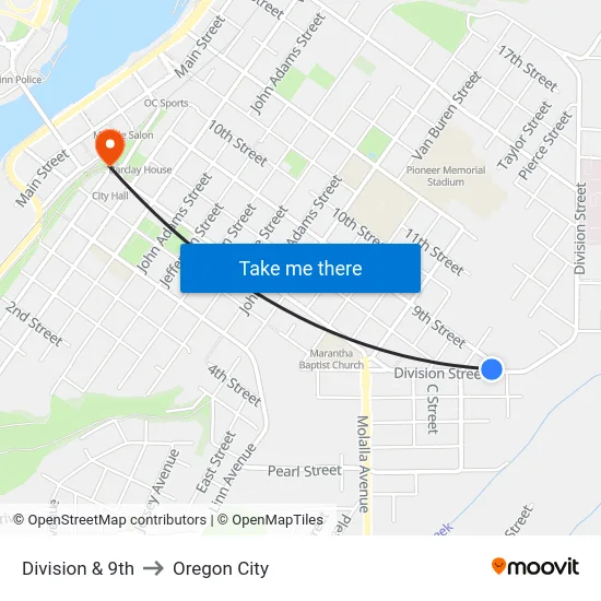 Division & 9th to Oregon City map