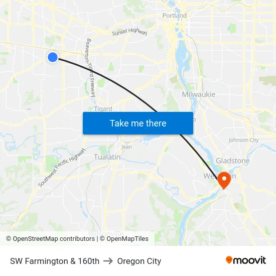 SW Farmington & 160th to Oregon City map