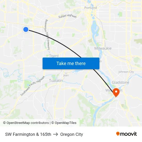 SW Farmington & 165th to Oregon City map