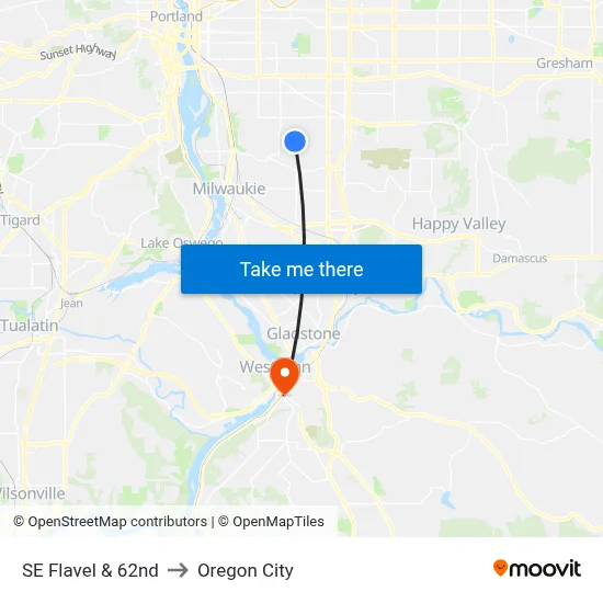 SE Flavel & 62nd to Oregon City map