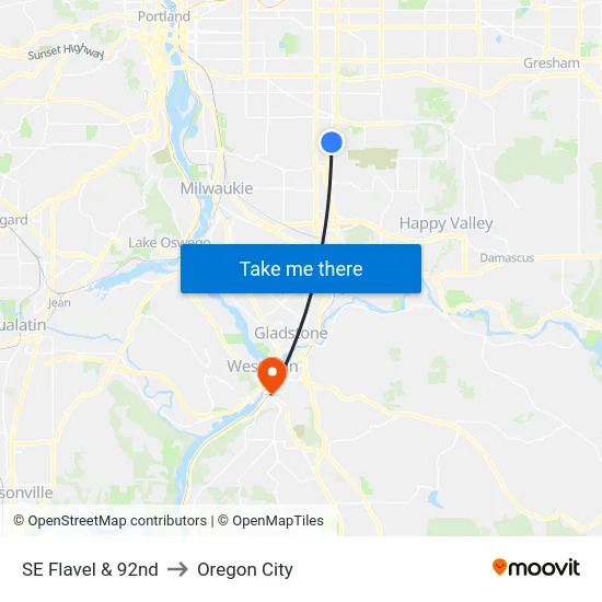 SE Flavel & 92nd to Oregon City map
