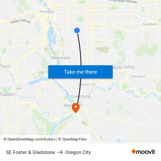 SE Foster & Gladstone to Oregon City map