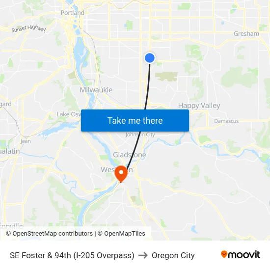 SE Foster & 94th (I-205 Overpass) to Oregon City map