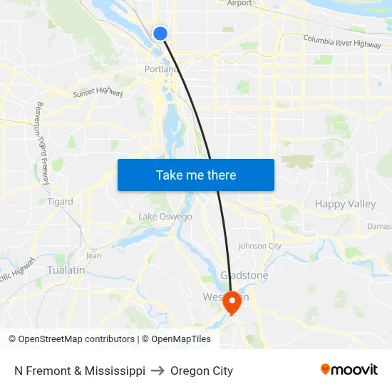 N Fremont & Mississippi to Oregon City map