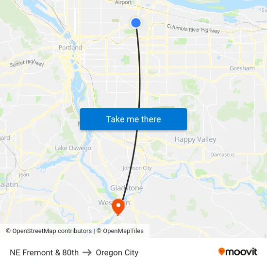 NE Fremont & 80th to Oregon City map