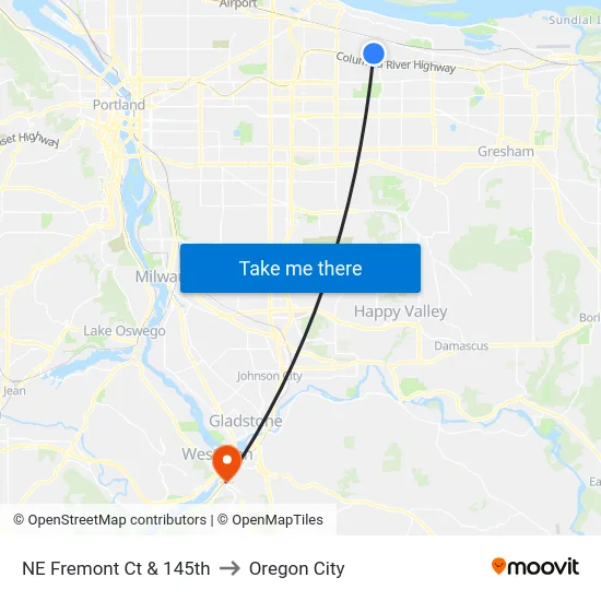 NE Fremont Ct & 145th to Oregon City map