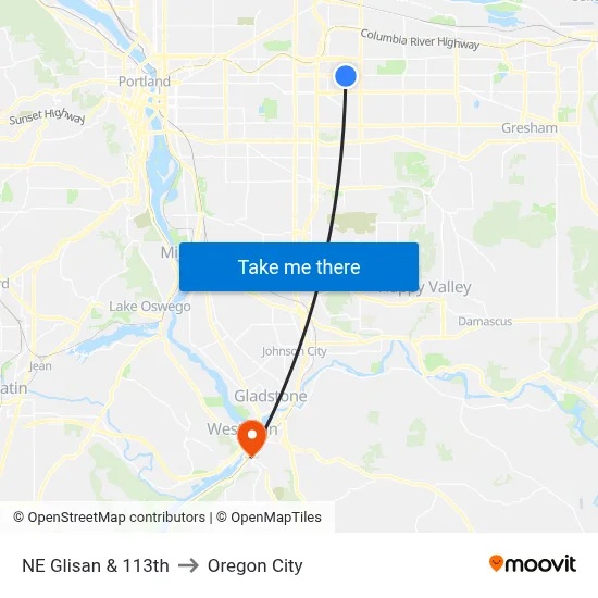NE Glisan & 113th to Oregon City map
