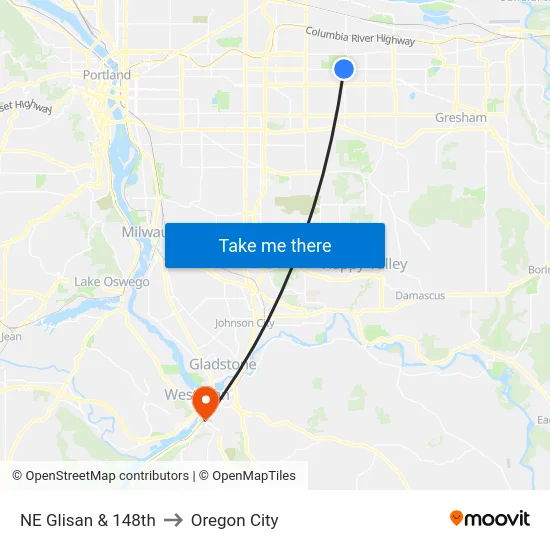 NE Glisan & 148th to Oregon City map