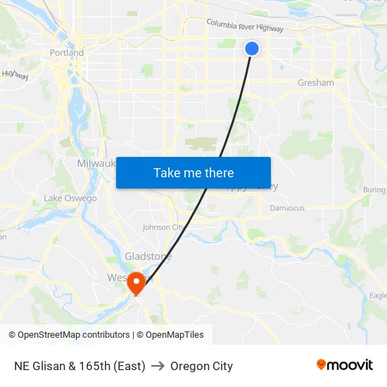 NE Glisan & 165th (East) to Oregon City map