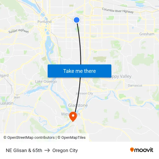 NE Glisan & 65th to Oregon City map