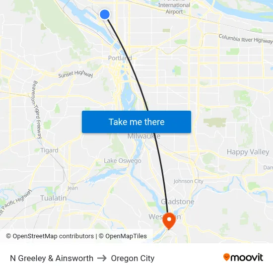N Greeley & Ainsworth to Oregon City map