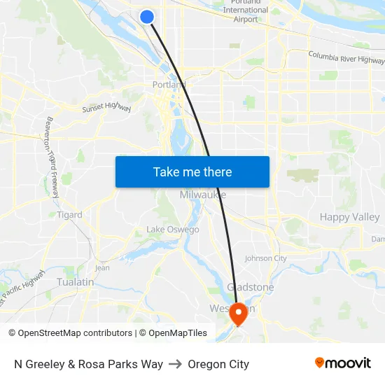 N Greeley & Rosa Parks Way to Oregon City map