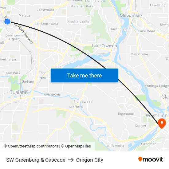 SW Greenburg & Cascade to Oregon City map