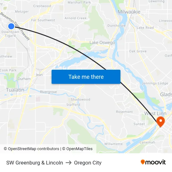 SW Greenburg & Lincoln to Oregon City map